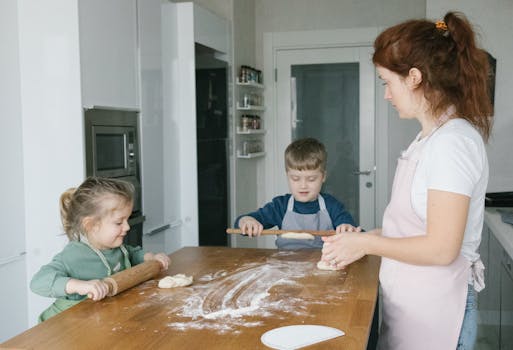 Mother and children baking together in a cozy İstanbul kitchen, enjoying quality family time.